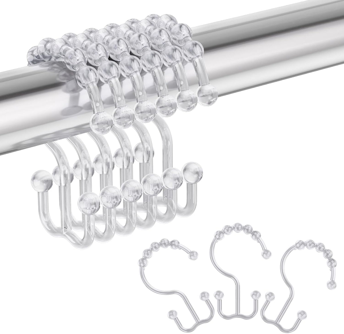 Amazer Plastic Shower Curtain Hooks - Double Clear Shower Hooks, Set of 12