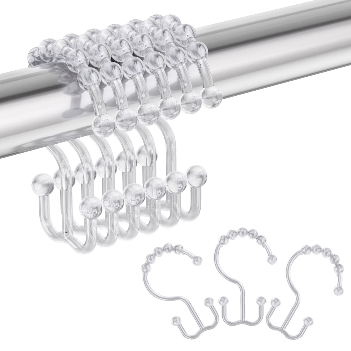 Amazer Plastic Shower Curtain Hooks - Double Clear Shower Hooks, Set of 12