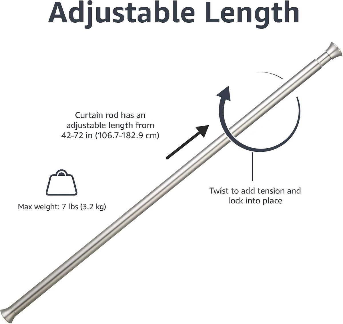 Amazon Basics Easy Install Shower Curtain Tension Rod, Adjustable Length, 42-73 inches, Nickel