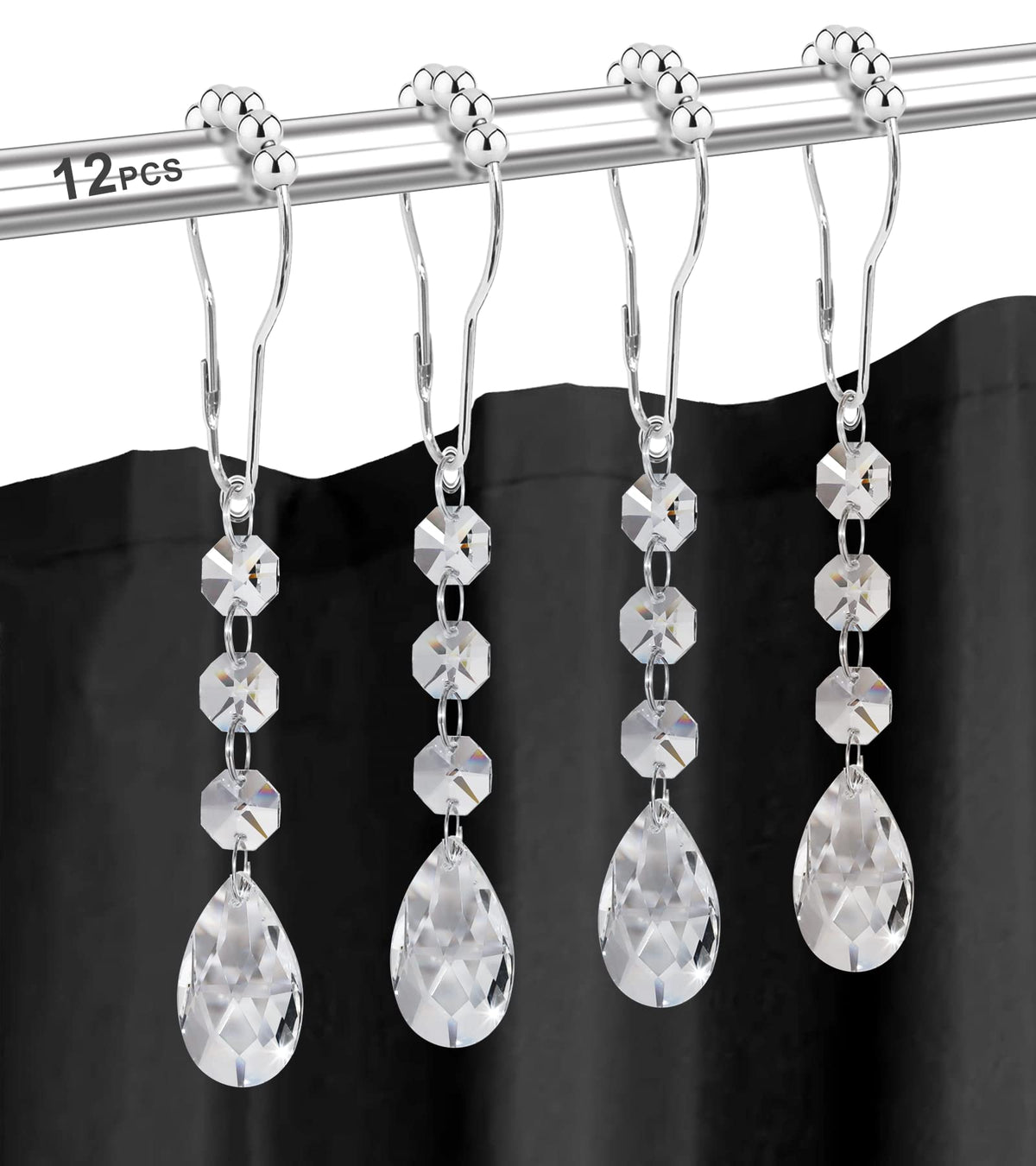 Shower Curtain Hooks Rings for Bathroom, 12PCS Gemstone Crystal Bead Water Drop Stainless Steel Rust Resistant Clear Shower Curtain Rings (Clear)