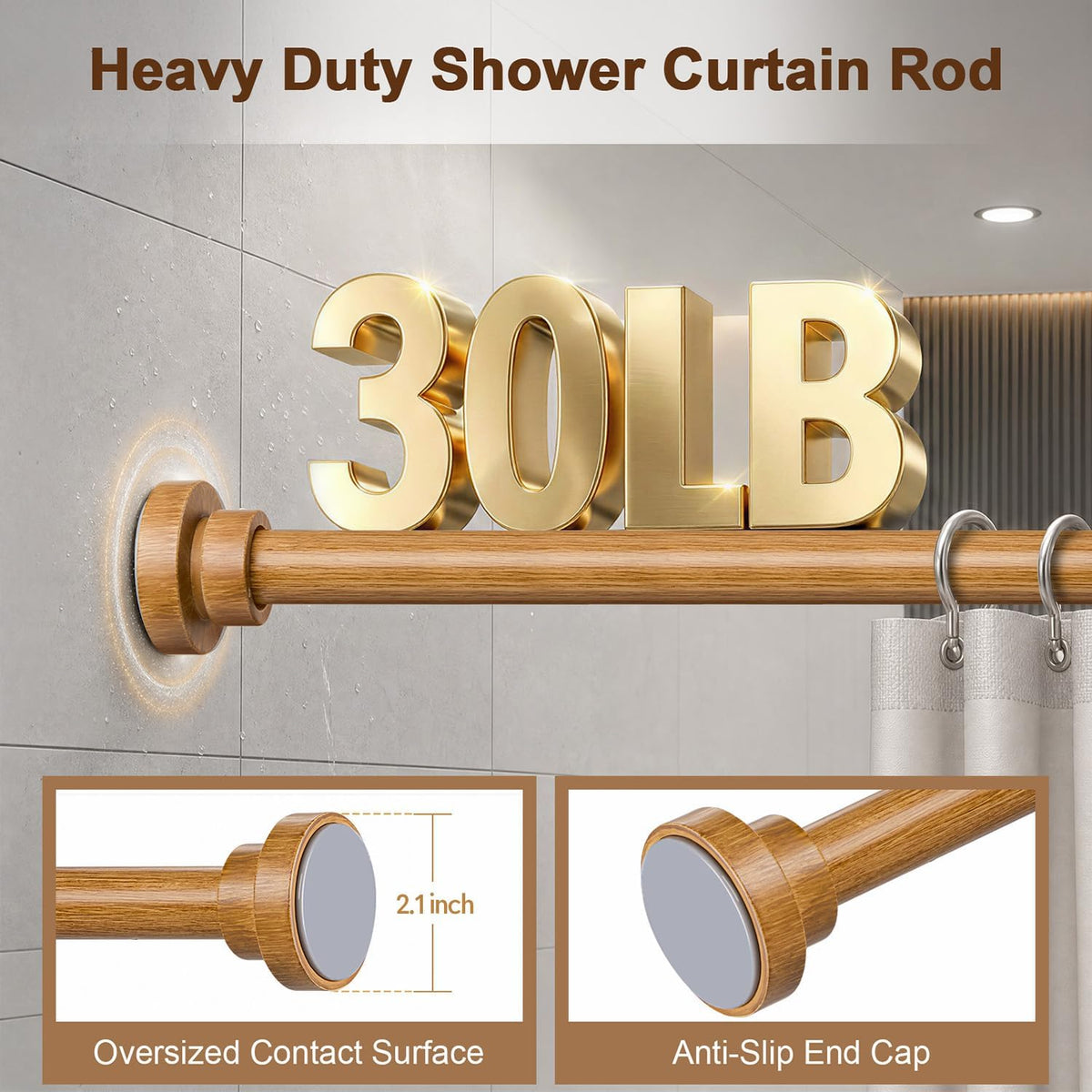 Wood Grain Shower Curtain Rod Tension 34 to 82 No Drill Adjustable