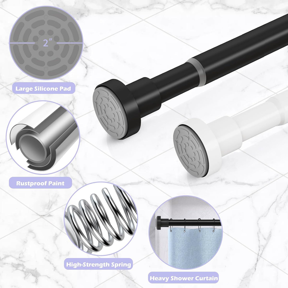 Black Shower Curtain Rod Spring Tension,Heavy Duty,No Drill,18-49"