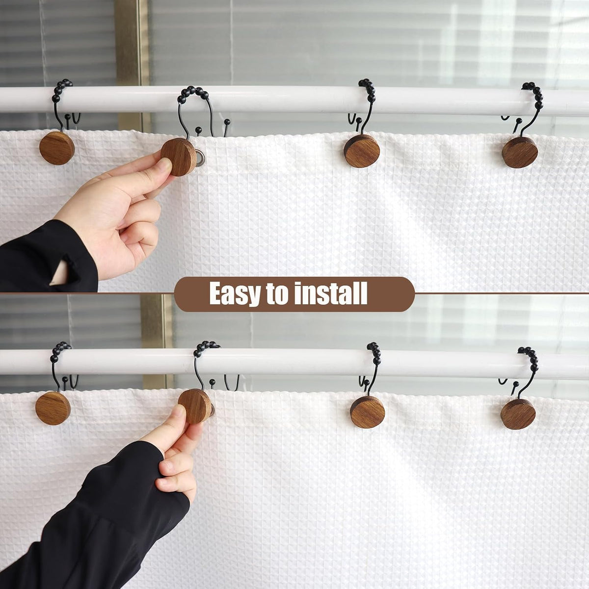 Double Shower Curtain Hooks, Wood Decorative Shower Curtain Rings, 12 PCS Log Curtain Rings, Rustproof & Waterproof Metal Shower Curtain Hangers for Shower Curtain Rod, Bathroom, Bedroom (Black)