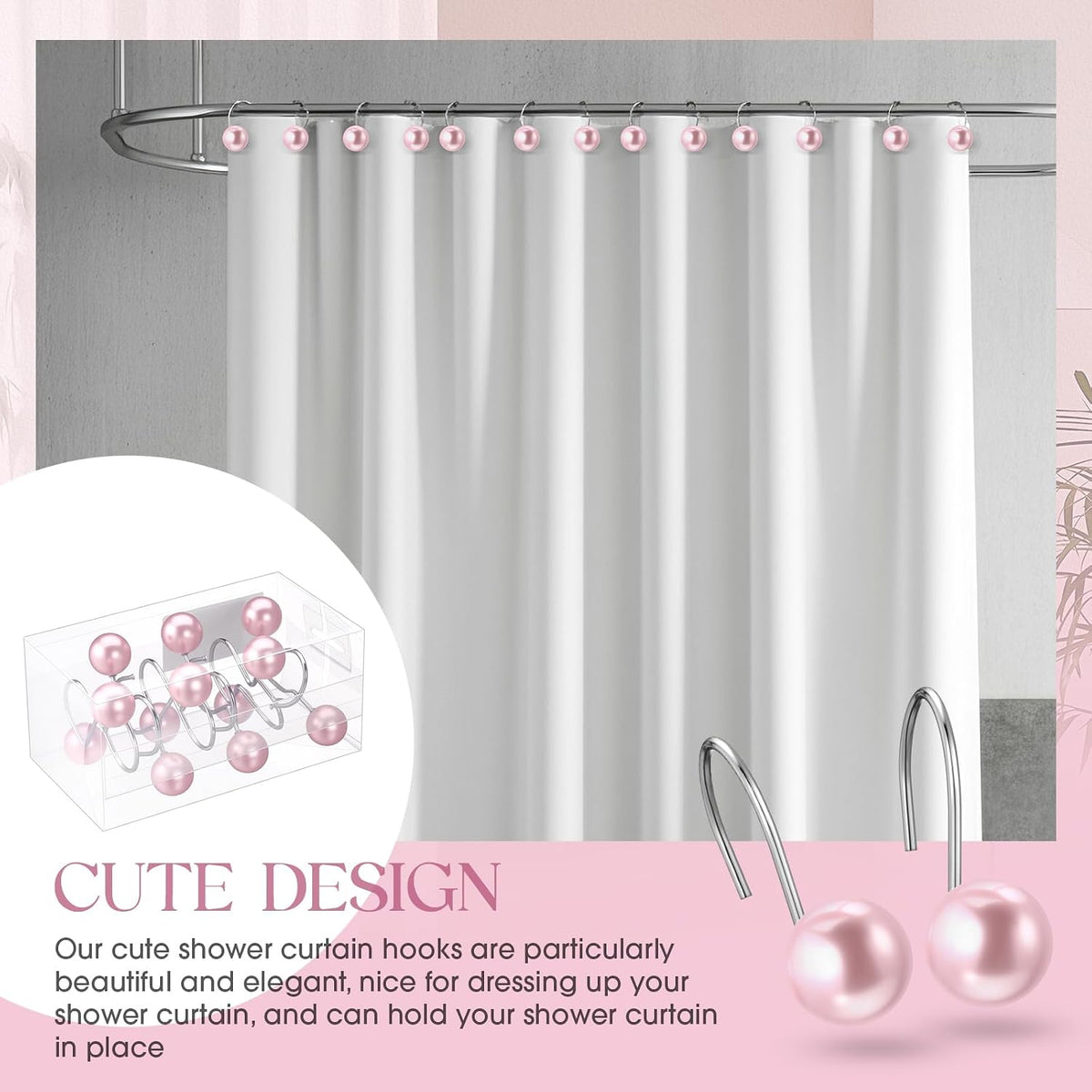 Threehoney 12 Pcs Cute Shower Curtain Hooks Shower Curtain RingPink