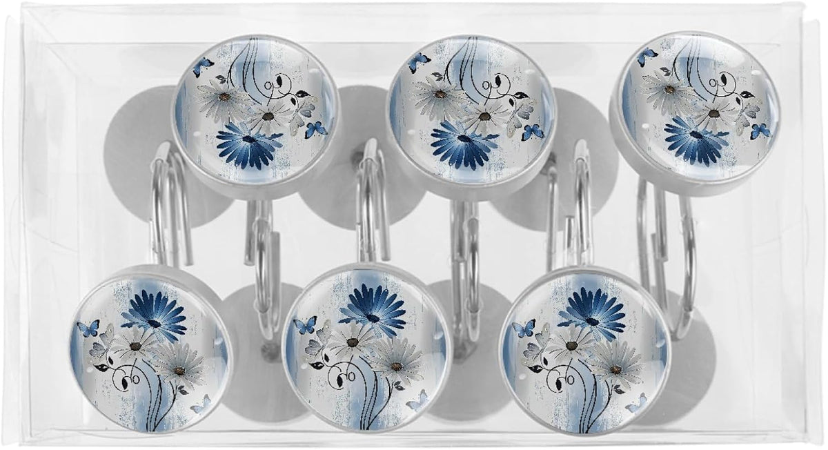 12 Pcs Farm Blue Daisy Butterfly on Country Wooden Shower Curtain Hooks, Decorative Shower Curtain Rings for Bathroom, Stainless Steel Rustproof Curtain Rings Hangers for Shower Curtain Rod