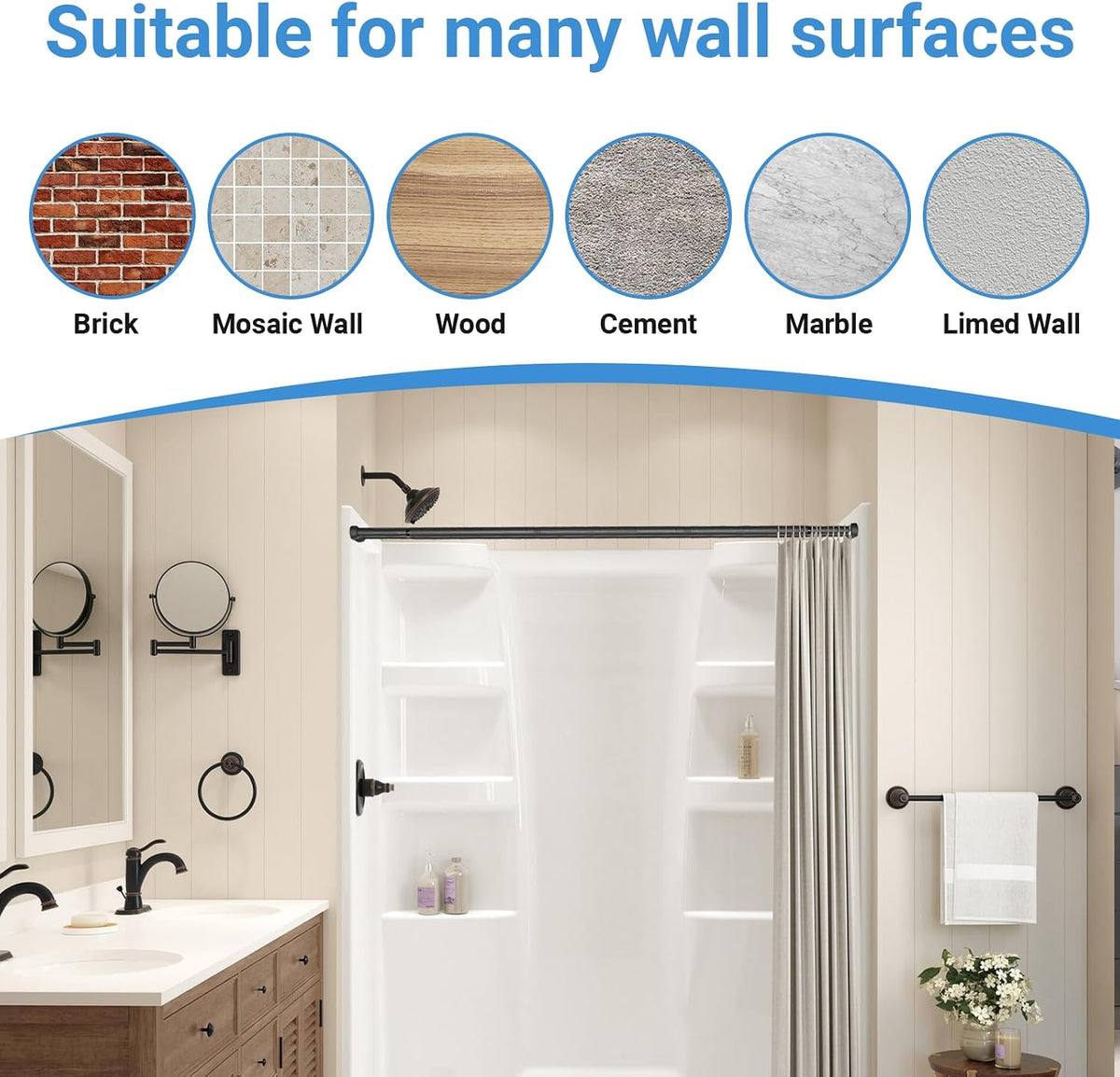 Double Shower Curtain Rod 27 to 62 Inches,Elegant Wall Mounted Double Shower Rods, Black Adjustable Curtain Pole for Bathroom,Laundry,Room Divider,Kitchen