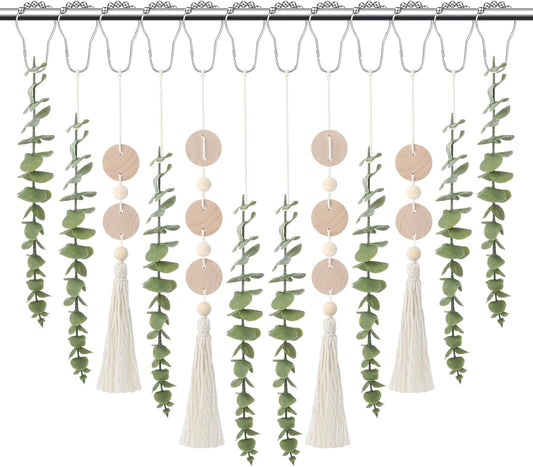 Yinkin 12 Pcs Boho Eucalyptus Shower Curtain Hooks Decorative, Woodchip
