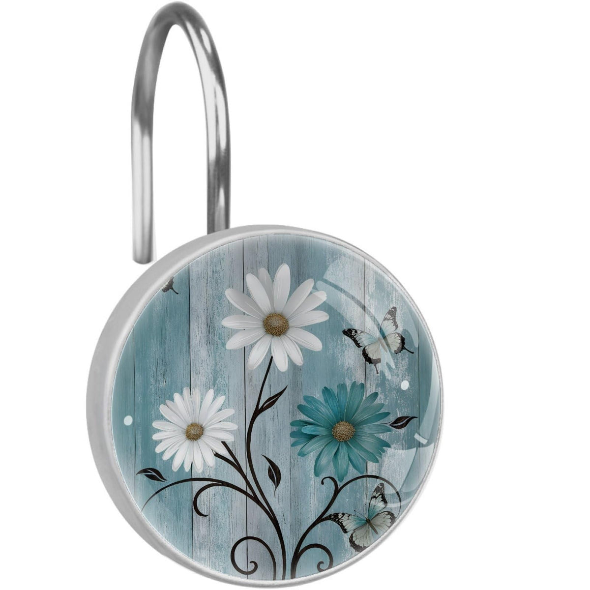 12 Pcs Farm Blue Daisy Butterfly on Country Wooden Shower Curtain Hooks, Decorative Shower Curtain Rings for Bathroom, Stainless Steel Rustproof Curtain Rings Hangers for Shower Curtain Rod