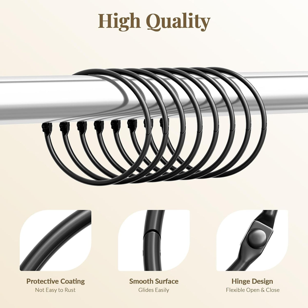 Shower Curtain Rings, Bathway Shower Curtain Hooks, Black Shower Curtain Rings Rust Proof, Anti-Drop Shower Rings for Curtain, Shower Hooks for Shower Curtain Rod Bathroom Curtain Rings