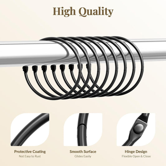 Shower Curtain Rings, Bathway Shower Curtain Hooks, Black Shower Curtain Rings Rust Proof, Anti-Drop Shower Rings for Curtain, Shower Hooks for Shower Curtain Rod Bathroom Curtain Rings