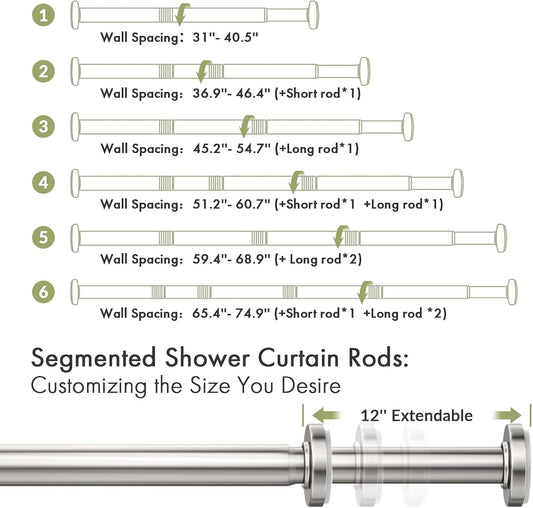 AmazerBath Nickel Spring Tension Shower Curtain Rod 31-75 Inches, 1 Inch Diameter Heavy Duty Tension Rod Rust Proof Bathroom Curtain Rod, Adjustable No Drill Easy Segmented Installation