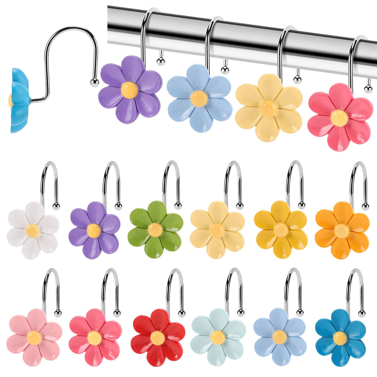 3D Floral Shower Curtain Hooks, 12 Pcs Rust Proof Resin Metal Hooks Shower Curtain Rod Rings, Ideal for Bathroom, Bedroom, Living Room Fun Home Decor (Gold)