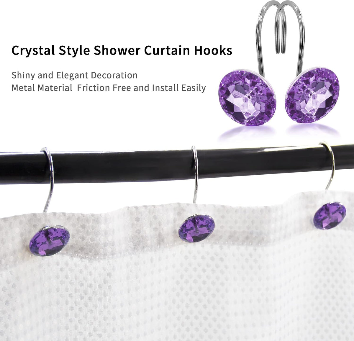 Purple Diamond Crystal Bling Shower Curtain Hooks Rings for Bathroom,12PCS