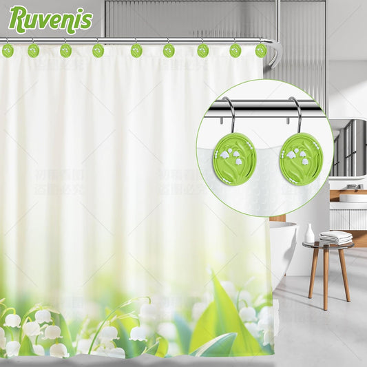 Decorative Green Floral Shower Curtain Hooks, Set of 12, Hand-Painted Resin with Rust-Resistant Metal Rings, Fun and Vibrant Bathroom Accessories