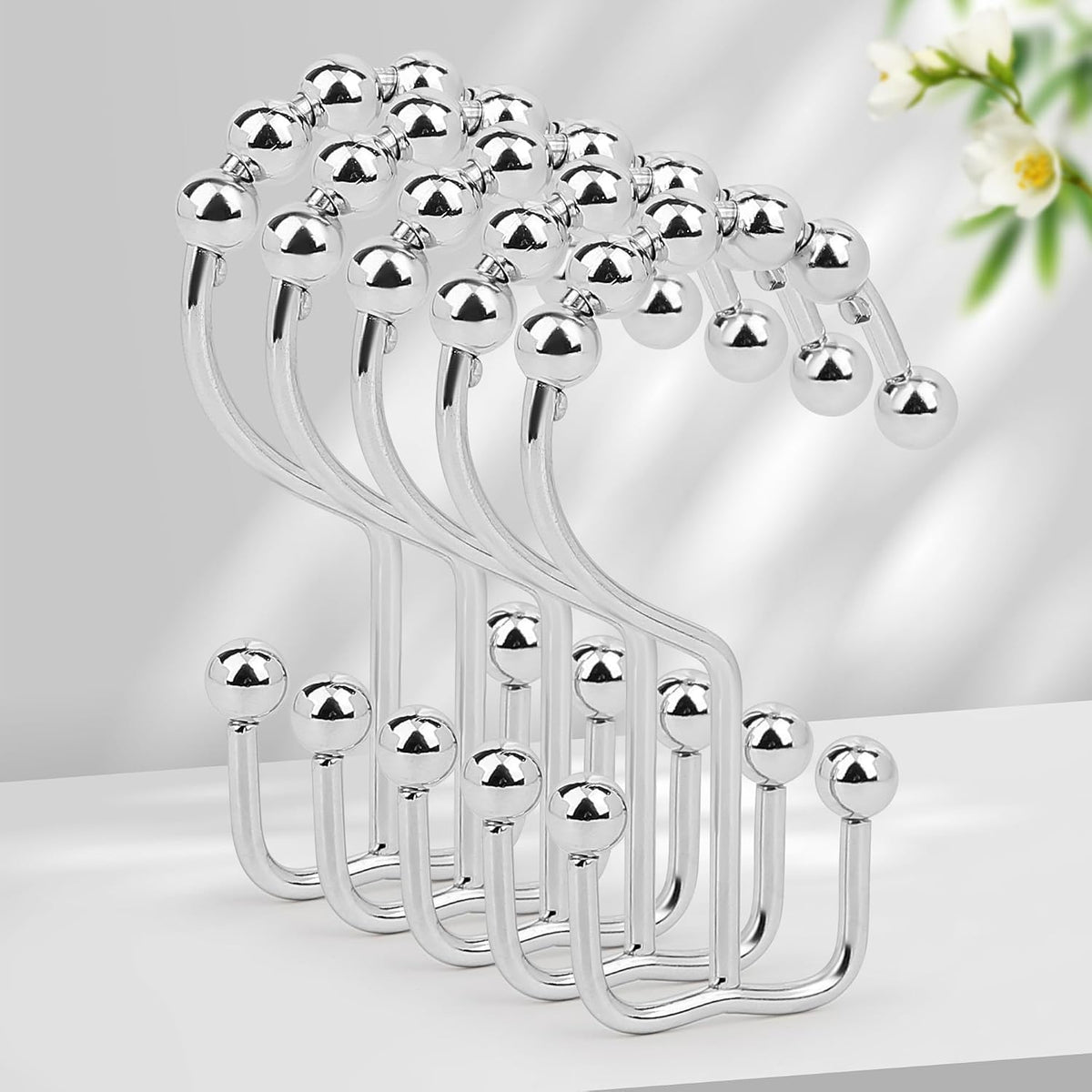 Resze 12PCS Shower Curtain Hooks, Metal Double Shower Curtain Rings, Chrome