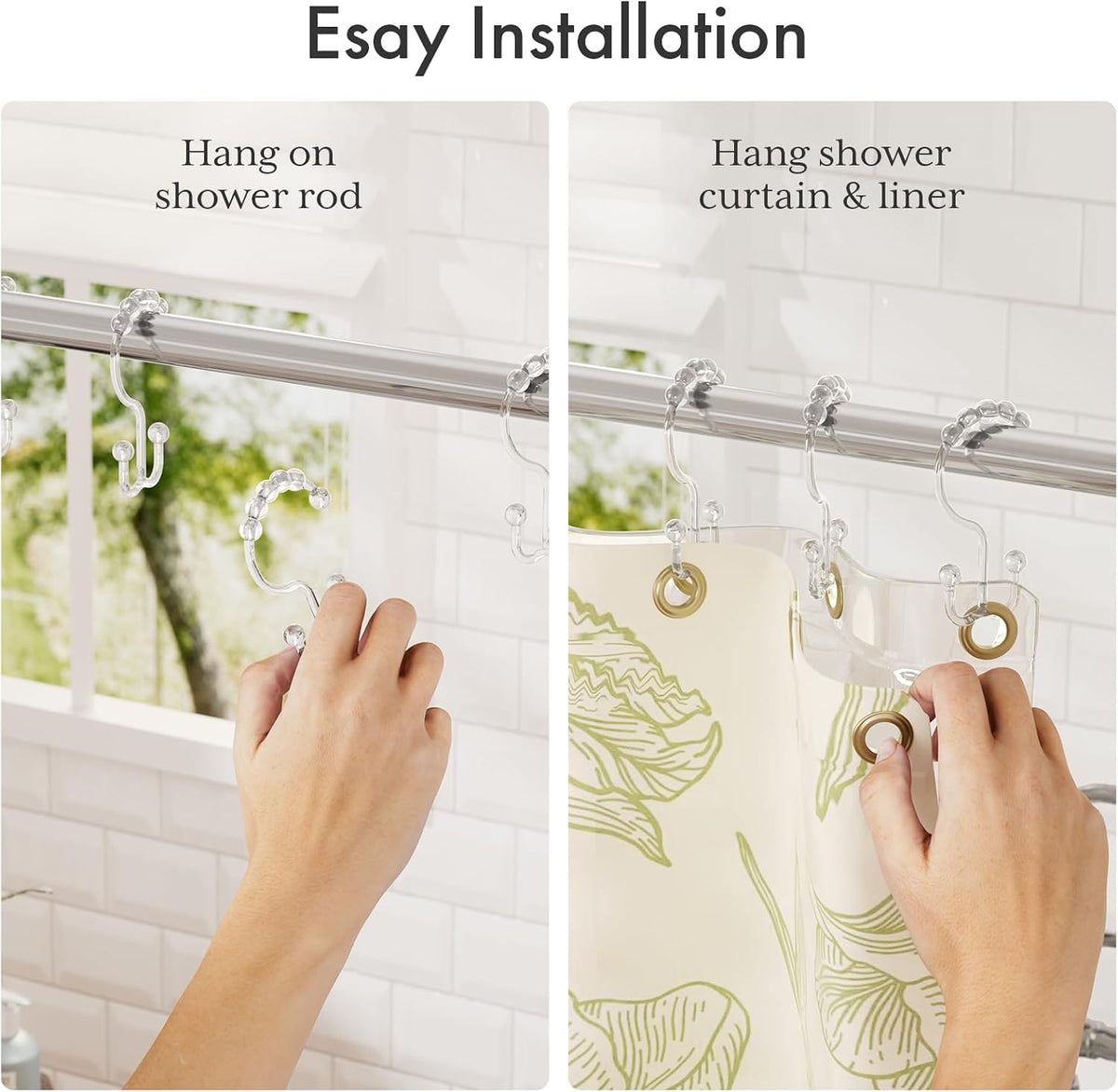 Amazer Plastic Shower Curtain Hooks - Double Clear Shower Hooks, Set of 12