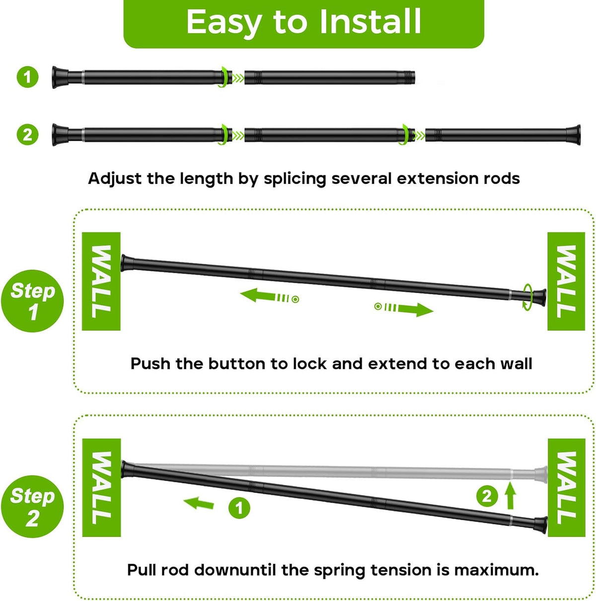 Black Shower Curtain Rod, 32-76 Inches, 7/8 Inch Diameter, 1 Pack