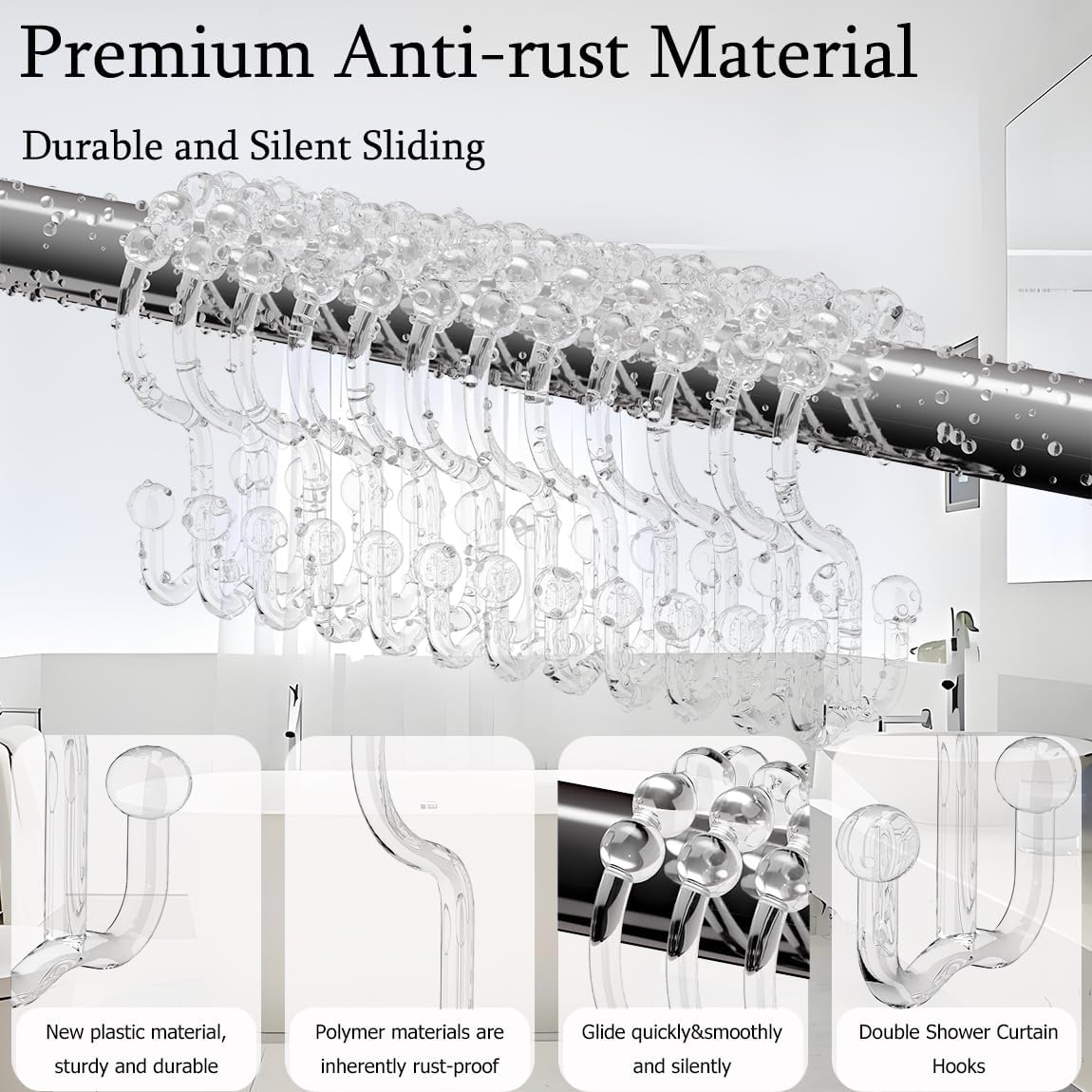 Resze 12 PCS Clear Double Shower Curtain Hooks,Plastic Shower Curtain Rings