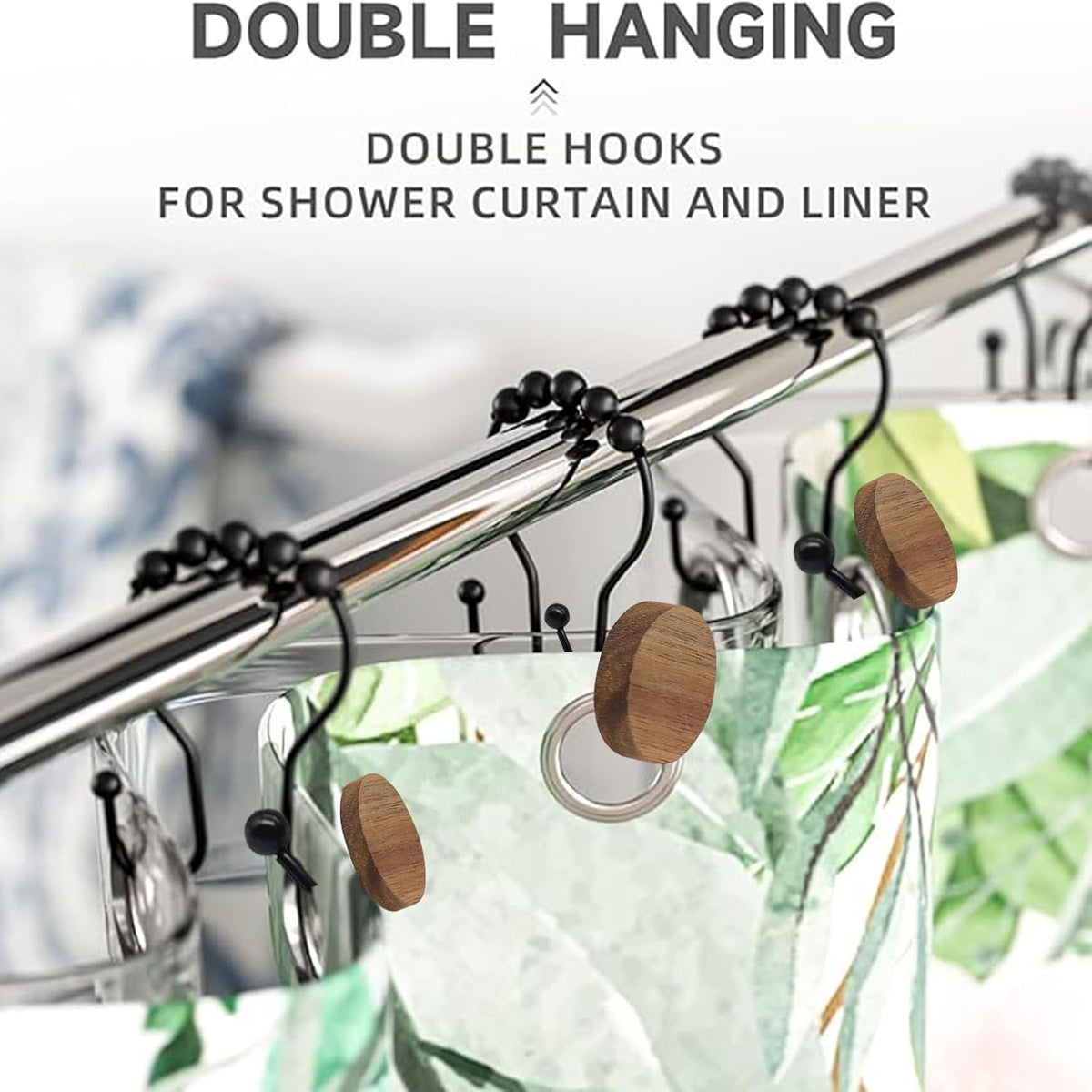 Double Shower Curtain Hooks, Wood Decorative Shower Curtain Rings, 12 PCS Log Curtain Rings, Rustproof & Waterproof Metal Shower Curtain Hangers for Shower Curtain Rod, Bathroom, Bedroom (Black)