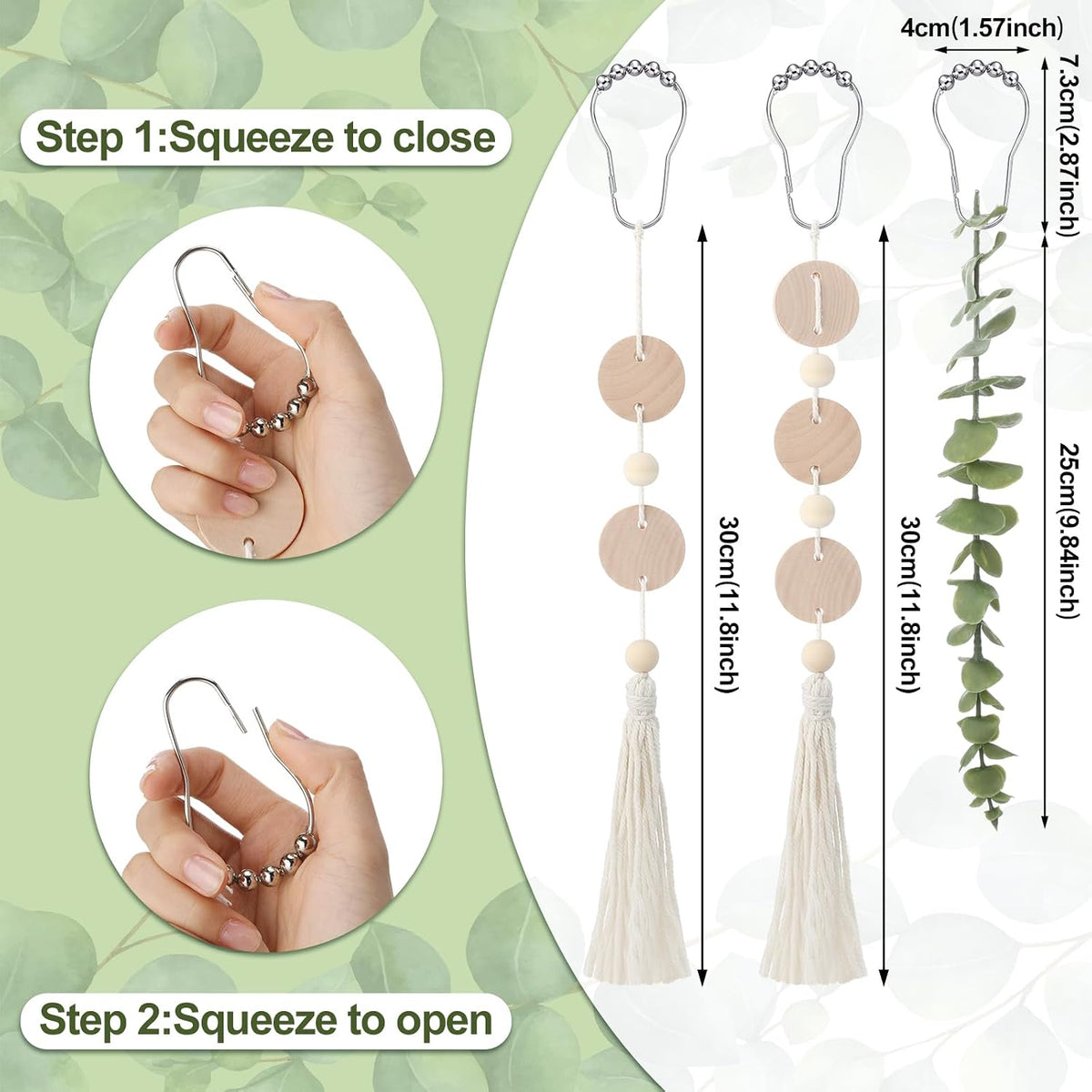 Yinkin 12 Pcs Boho Eucalyptus Shower Curtain Hooks Decorative, Woodchip