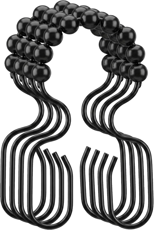 Shower Curtain Hooks Rings, Rustproof Stainless Steel Double Glide Shower Curtain Hooks Rings for Bathroom Shower Rod Curtain, Tangle-Free, Anti-Fall, 12Pcs (Black)