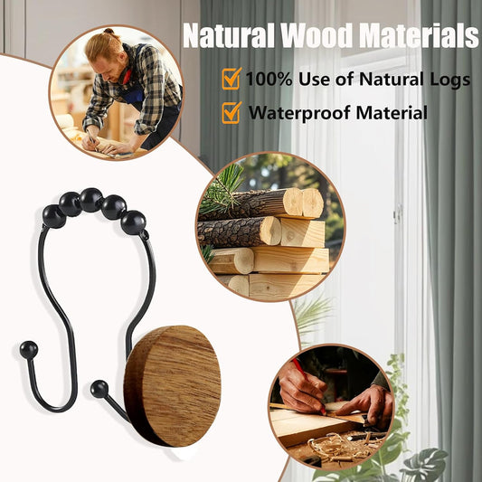 Double Shower Curtain Hooks, Wood Decorative Shower Curtain Rings, 12 PCS Log Curtain Rings, Rustproof & Waterproof Metal Shower Curtain Hangers for Shower Curtain Rod, Bathroom, Bedroom (Black)