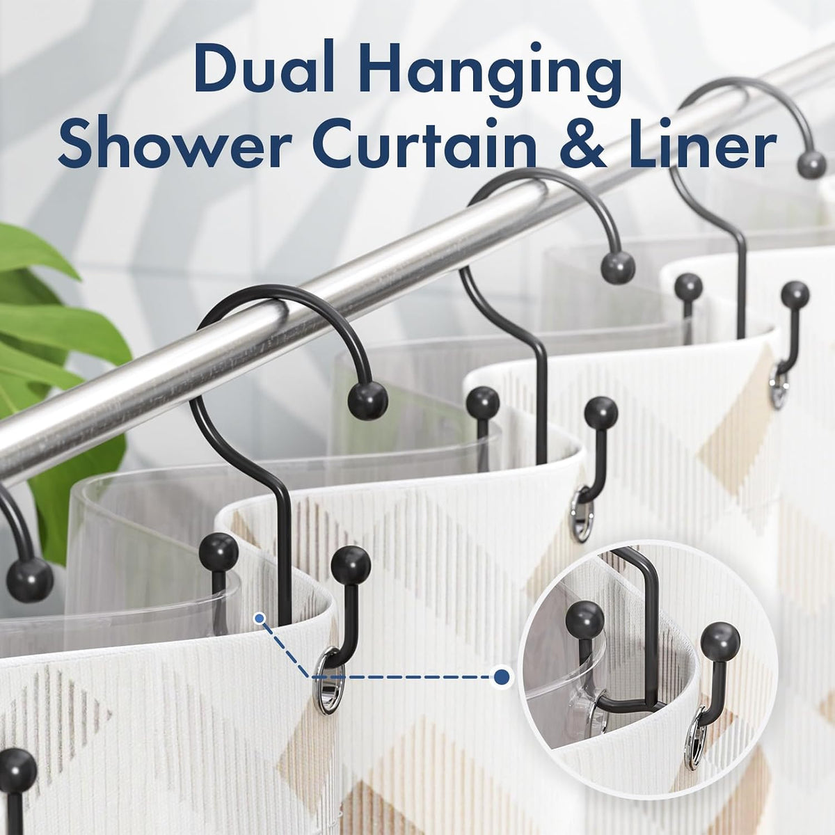 Bathway Shower Curtain Hooks Matte Black Shower Curtain Rings, 12 Pcs Double Hook Shower Curtain Hooks Rings Shower Curtain Hangers Rust Proof, Metal Shower Hooks for Bathroom Shower Curtain Rod