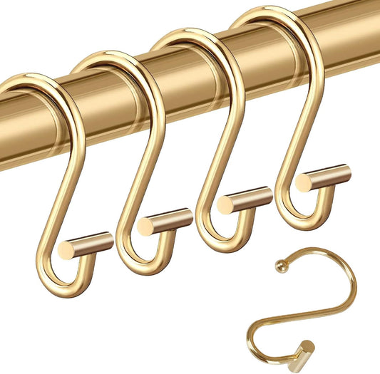 Decorative Brushed Gold Shower Curtain Hooks Rust Proof for Bathroom, Metal, 12pcs Premium Rust Resistant Hooks Glide Shower Ring Hang Holder T Shape Hooks for Living Room
