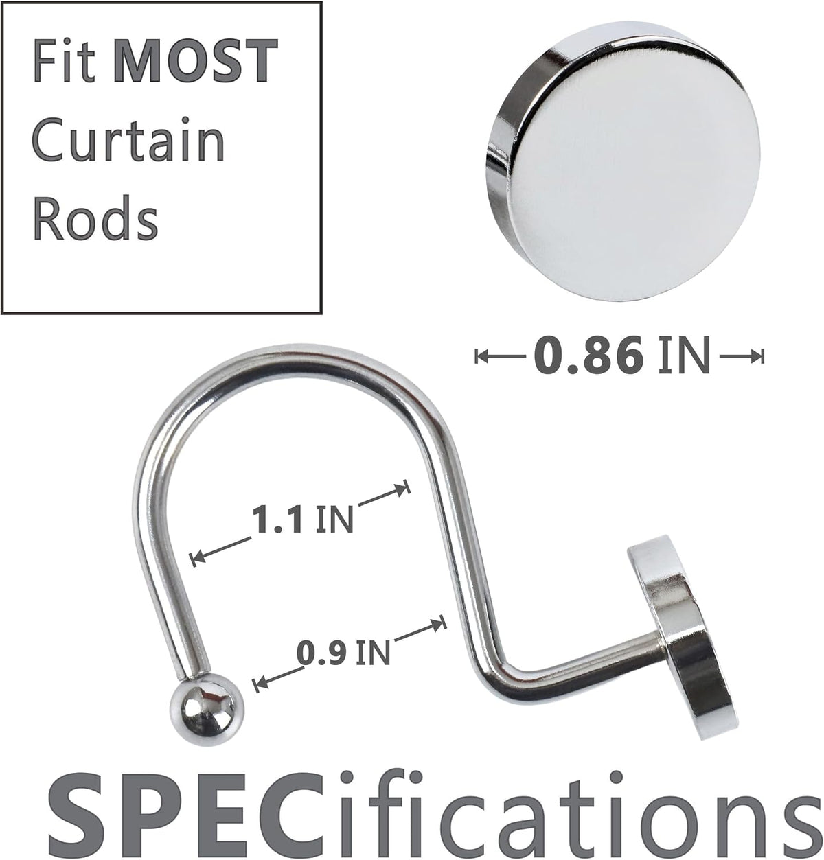 Silver Chrome Shower Curtain Hooks: Rust Proof Metal Curtain Rings, 12Pcs