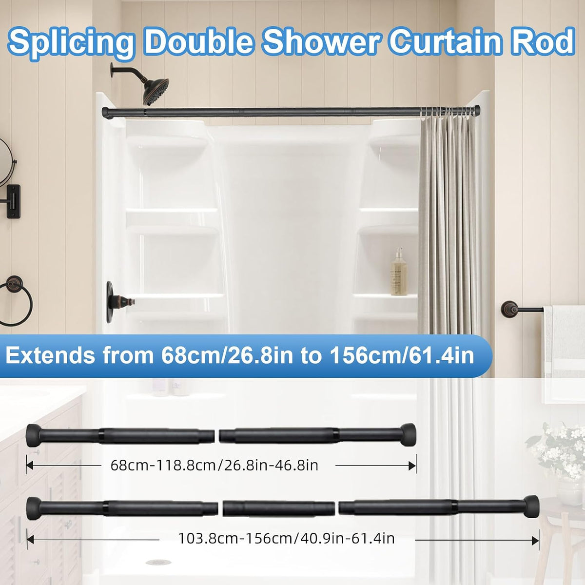 Double Shower Curtain Rod 27 to 62 Inches,Elegant Wall Mounted Double Shower Rods, Black Adjustable Curtain Pole for Bathroom,Laundry,Room Divider,Kitchen