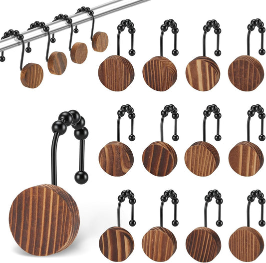 Wood Shower Curtain Hooks,Boho Shower Curtain Rings Decorative,Free Sliding Shower Hooks for Shower Curtain & Liners, Shower Curtain Hangers for Bathroom Shower Curtain Rods Curtains(Brown, 12)