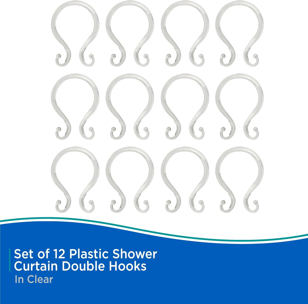 Kenney - Shower Curtain Rings, Rust-Proof Plastic Double Hooks with Smooth Glide Design, Fits Standard Shower Curtain Rods, Easy Installation, Clear, 12 Pack