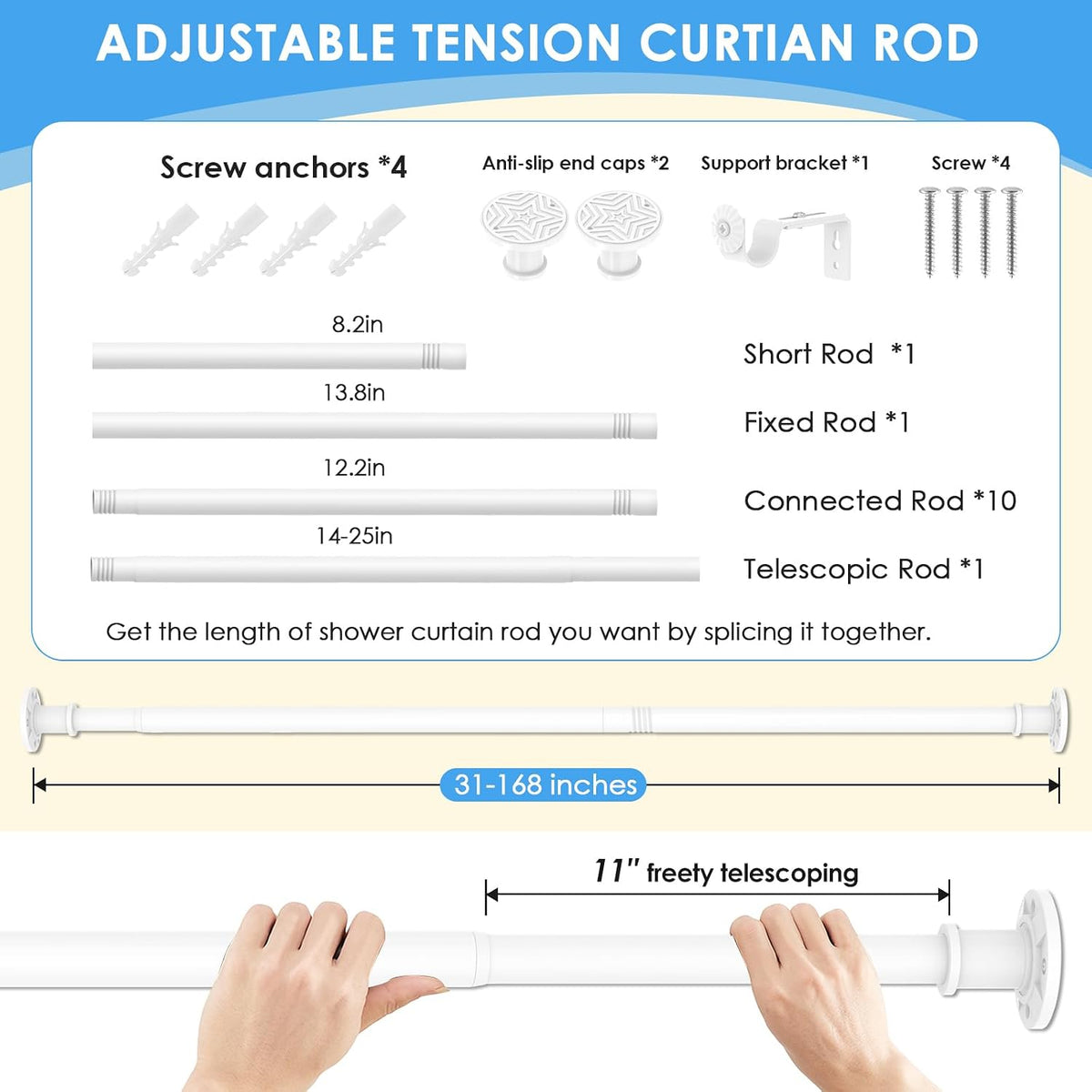 Tension Curtain Rod No Drilling 31-168 In (14ft) 1.1" Dia Adjustable Outdoor White Extra Long Curtain Rods Spring Shower Rods Heavy Duty for Window Bathroom Patio Rust Proof