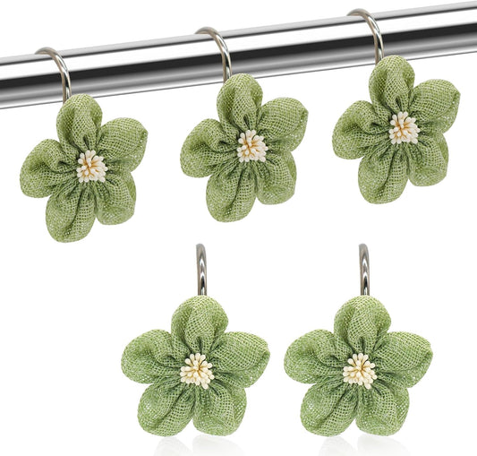 Flower Decorative Shower Curtain Hooks, Stylish Fabric Flower Shower Curtain Rings, Fashion Shower Curtain Hangers, 12PCS Shower Hooks for Shower Curtain, Bathroom, Bedroom, Living Room (Green)