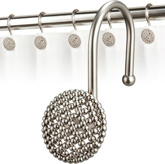 Pearlbee Nickel Shower Curtain Hooks,12pcs, Heavy Duty Rings for Shower Rod