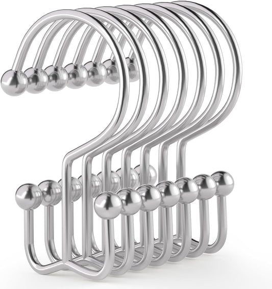 Goowin Shower Curtain Hooks, 12 Pcs Shower Curtain Rings, Durable Rust Proof Silver Shower Curtain Hooks, Shower Rings for Curtain, Double Glide Shower Hooks for Shower Curtain Rods, Chrome