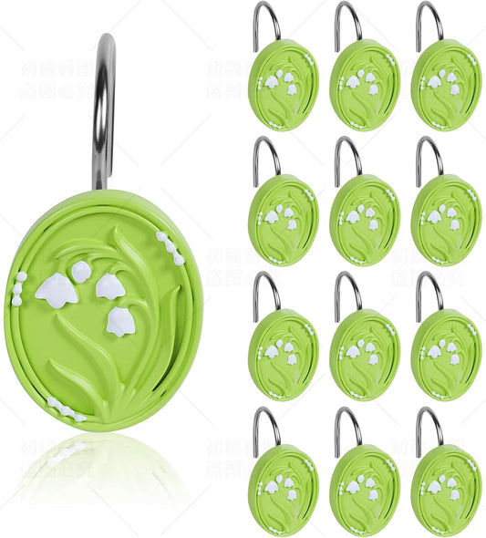 Decorative Green Floral Shower Curtain Hooks, Set of 12, Hand-Painted Resin with Rust-Resistant Metal Rings, Fun and Vibrant Bathroom Accessories