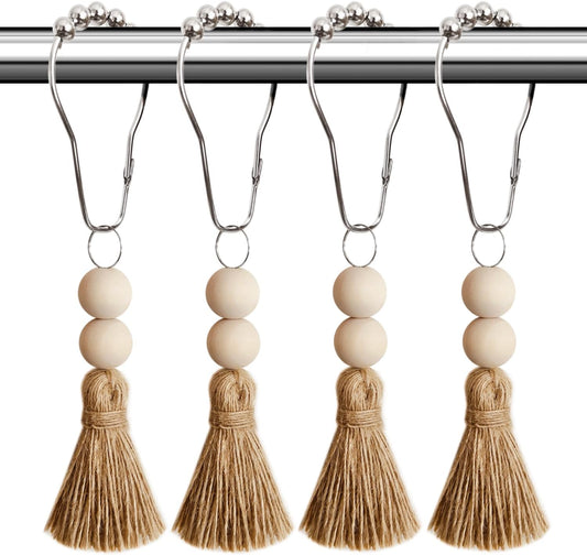 Boho Shower Curtain Hooks Rings Rustproof, CHICTIE Nautical Decorative Shower Curtain Rings with Handmade Wood Beads Tassel, Farmhouse Home Bathroom Bedroom Baby Room Decor Set of 12 (Natural Jute)