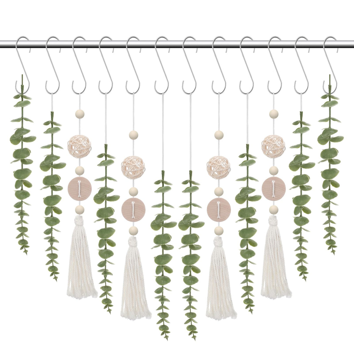 Yinkin 12 Pcs Boho Eucalyptus Shower Curtain Hooks Decorative, Woodchip