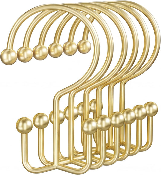 OEH Shower Curtain Hooks, Metal Shower Curtain Rings, Gold Shower Curtain Hooks Rust Proof, Double Shower Rings for Curtain, Easy Install Anti-Drop Shower Hooks for Shower Curtain (Gold, 12 Pack)