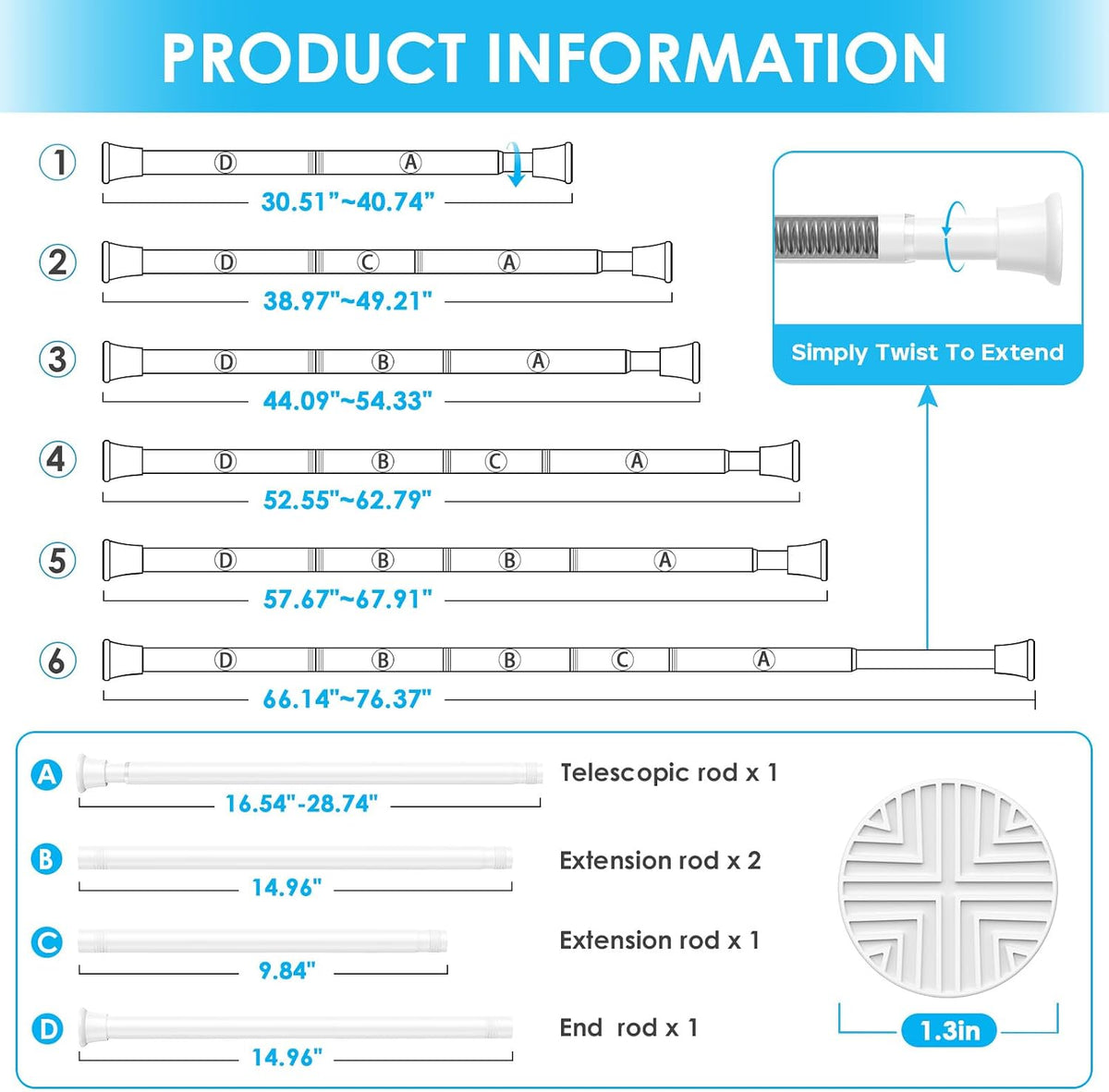White Tension Curtain Rod 31 To 76 Inch Shower Curtain Rods Tension 2pcs