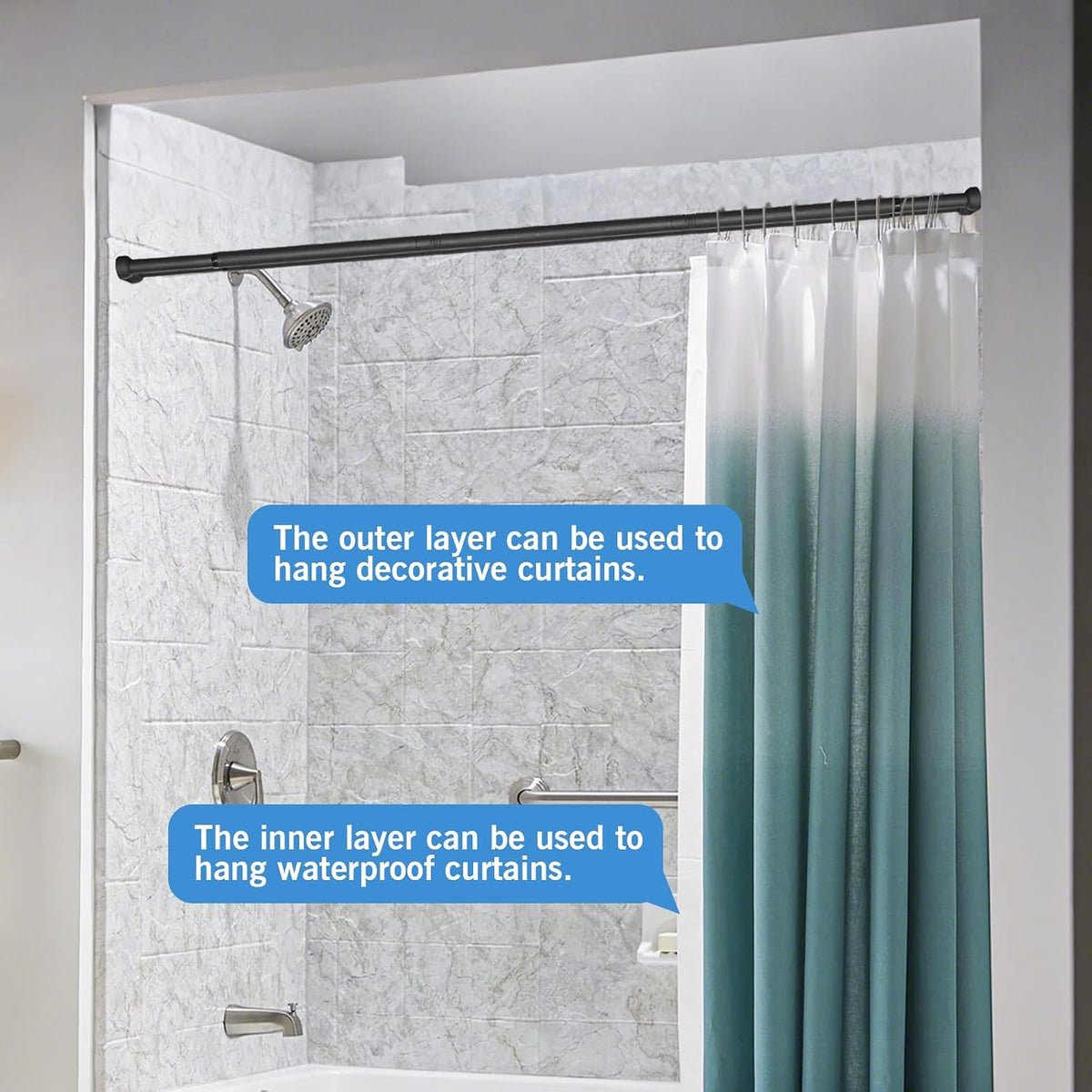 Double Shower Curtain Rod 27 to 62 Inches,Elegant Wall Mounted Double Shower Rods, Black Adjustable Curtain Pole for Bathroom,Laundry,Room Divider,Kitchen