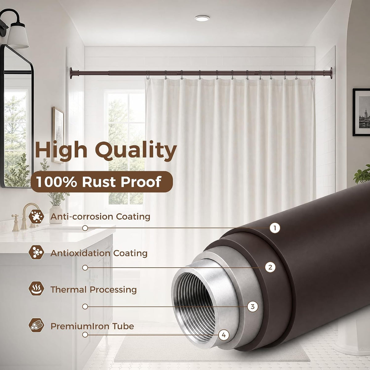 Brown Tension Curtain Rod 30-120 Inch, Heavy Duty Shower Rod