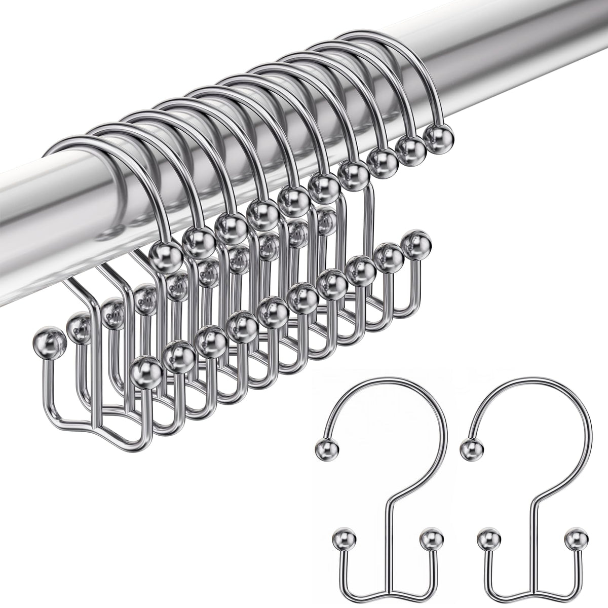Amazer Shower Curtain Hooks, Decorative Shower Curtain Hooks Rust Proof Stainless Steel Shower Curtain Hooks, Shower Hooks for Shower Curtain Bathroom 12PCS, Polished Chrome