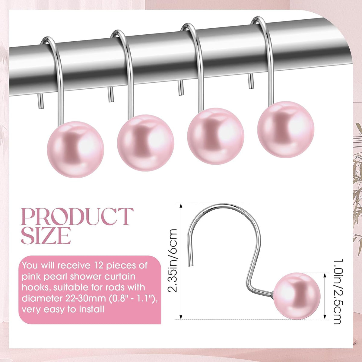 Threehoney 12 Pcs Cute Shower Curtain Hooks Shower Curtain RingPink