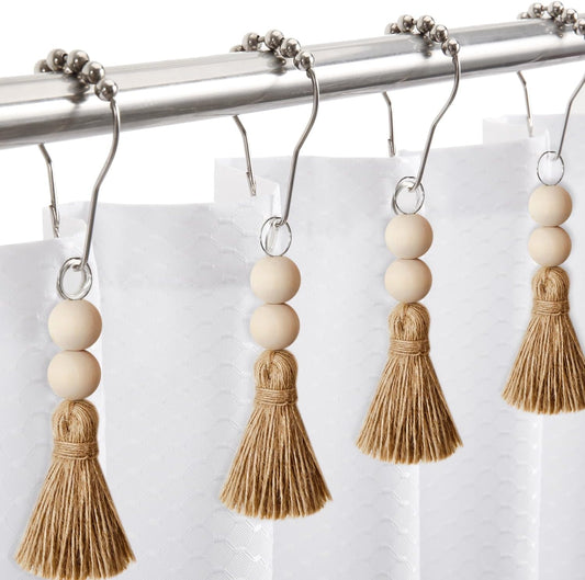 Boho Shower Curtain Hooks Rings Rustproof, CHICTIE Nautical Decorative Shower Curtain Rings with Handmade Wood Beads Tassel, Farmhouse Home Bathroom Bedroom Baby Room Decor Set of 12 (Natural Jute)