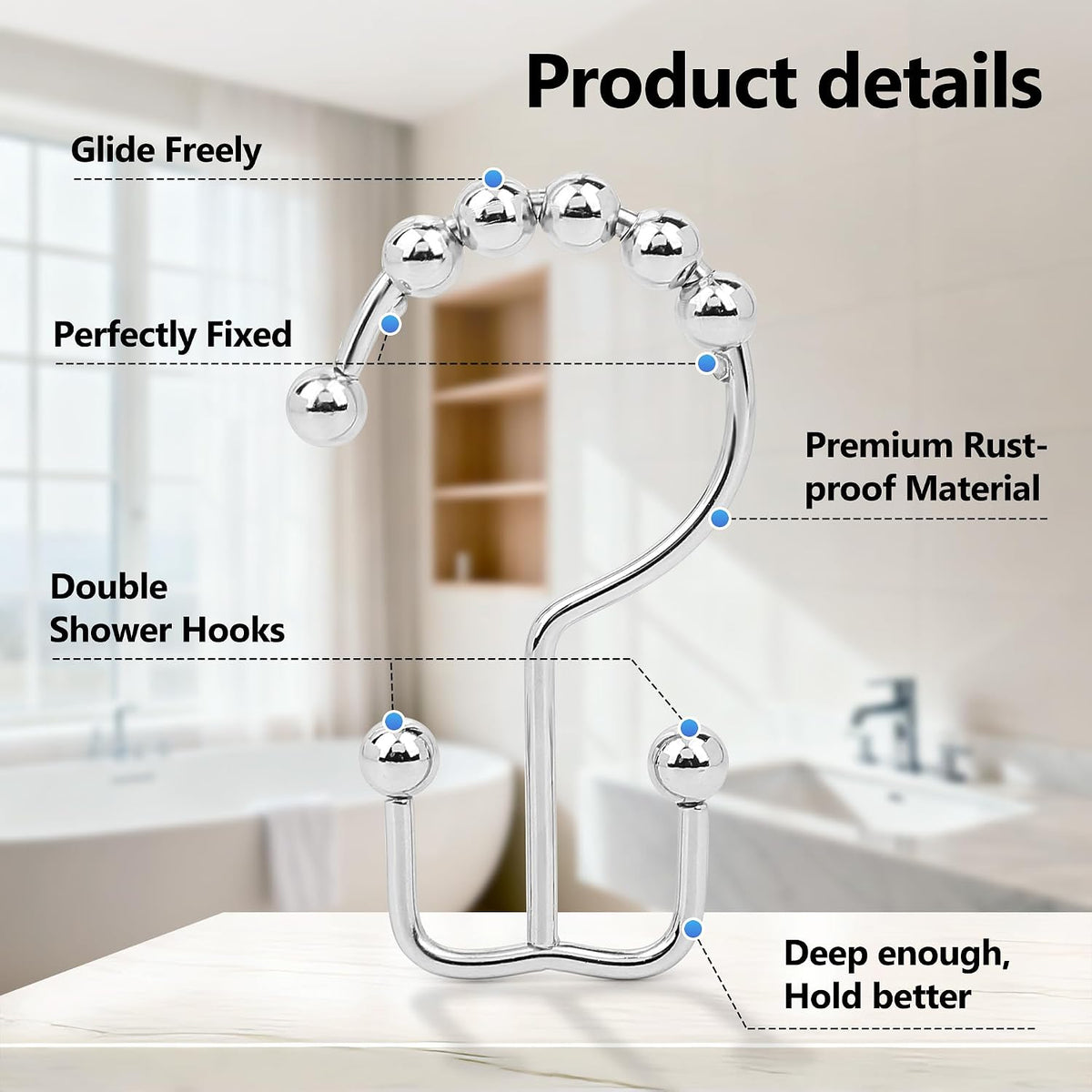 Resze 12PCS Shower Curtain Hooks, Metal Double Shower Curtain Rings, Chrome