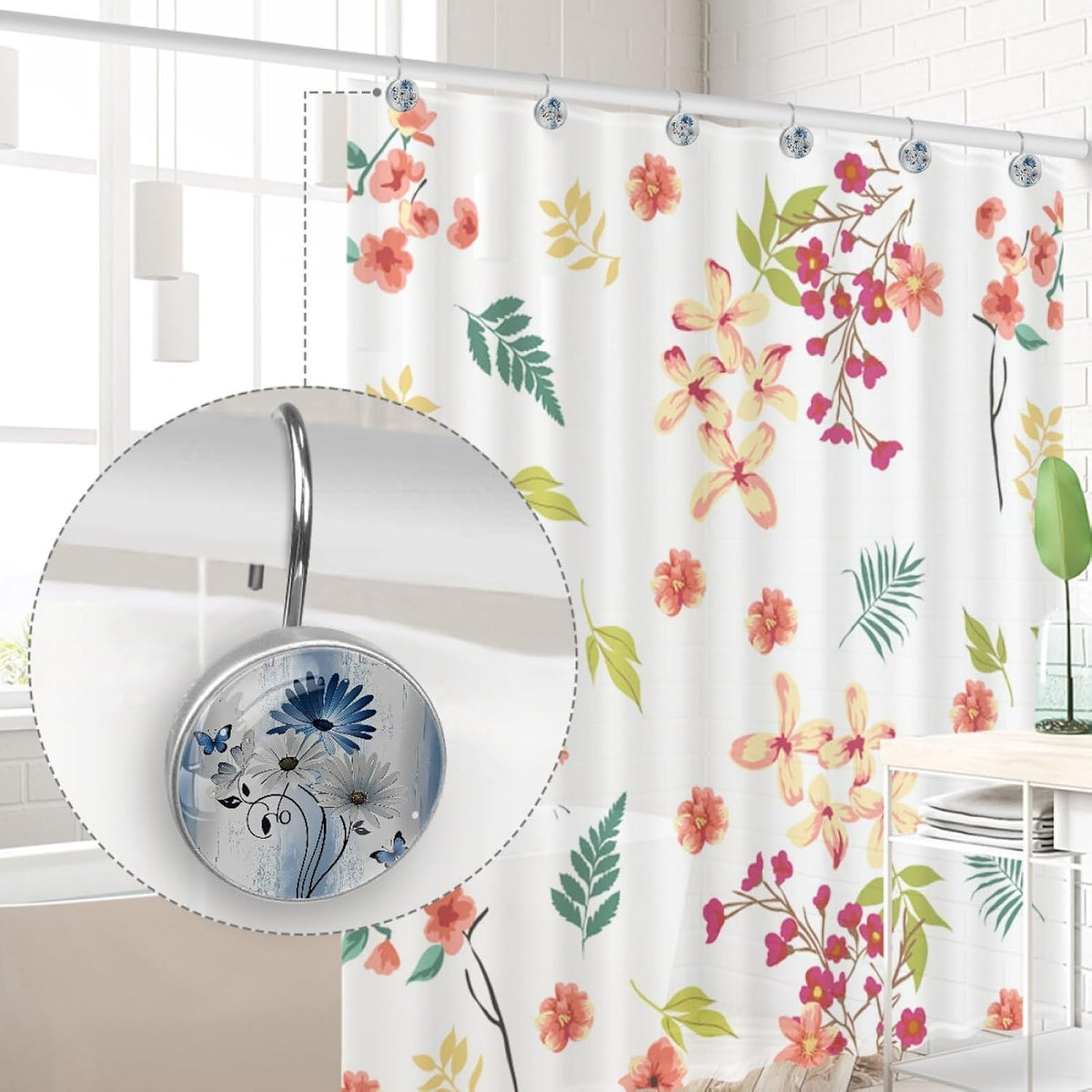 12 Pcs Farm Blue Daisy Butterfly on Country Wooden Shower Curtain Hooks, Decorative Shower Curtain Rings for Bathroom, Stainless Steel Rustproof Curtain Rings Hangers for Shower Curtain Rod