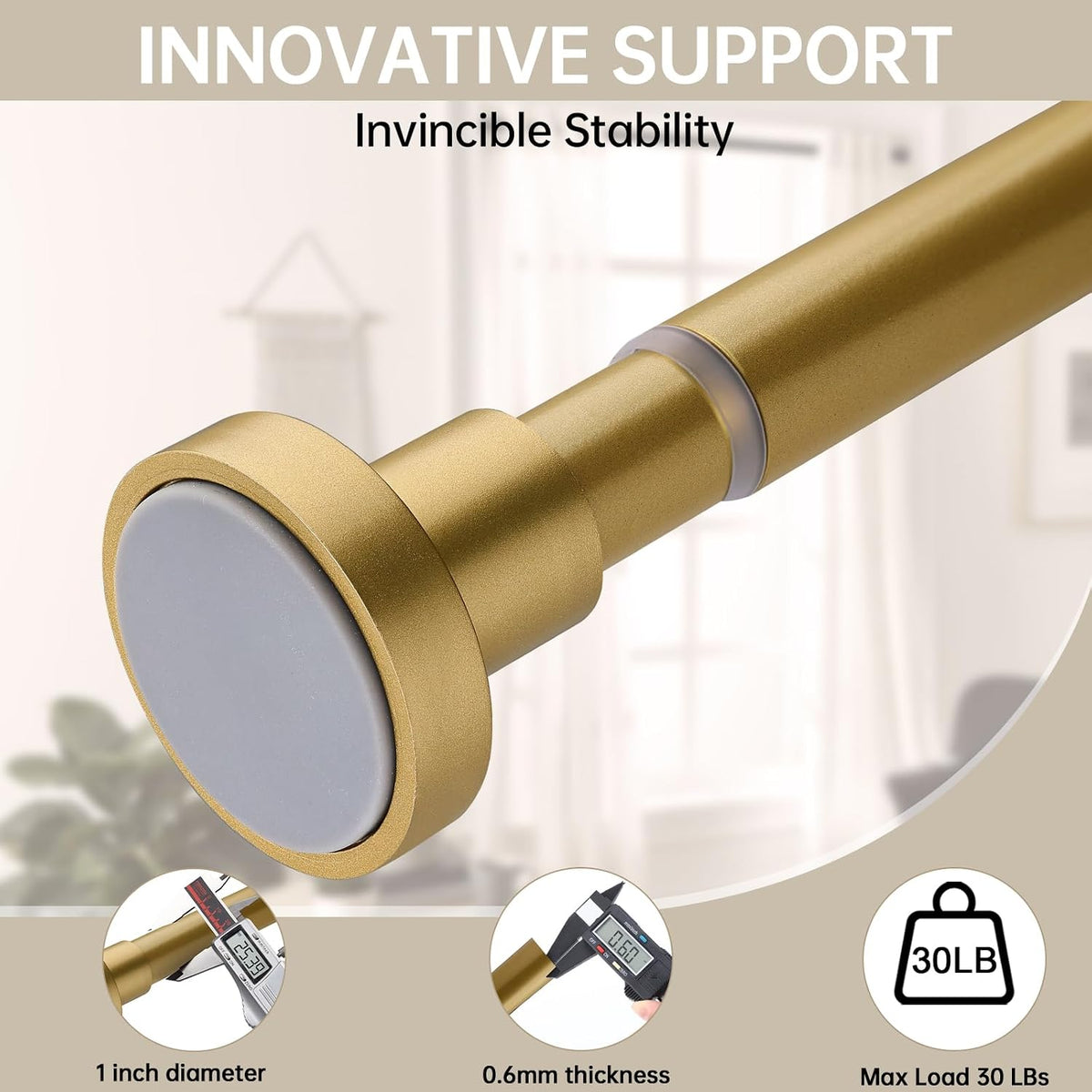 BRIOFOX Shower Curtain Rod Adjustable 18-64 Inch, Stainless Steel Spring Tension Shower Rod No Drilling Non Slip, Sunset Gold