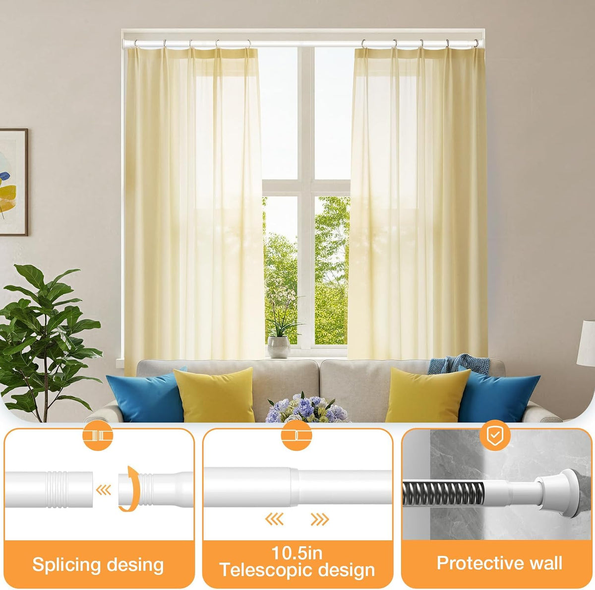 2 Pack Tension Curtain Rod 30-62 Inch White Shower Curtain Rods No Drilling Tension Rod for Windows Spring Adjustable Curtain Rods for Windows,Doorway,Bathroom,Closet,7/8" Diameter
